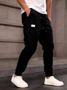 Pantalones holgados y estrechos con cordón y bolsillo de unicolor para hombre, pantalones cargo estrechos para vacaciones largas, regalo para esposo o novio - Negro - Ver 5