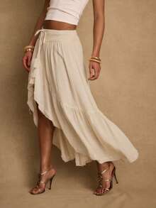 Ladies Summer Linen Loose Elastic Waist Ruffle Hem Asymmetrical Hem Skirt, Casual Boho Western Style, Suitable For Music Festivals, Concerts, Parties, Young Girls Daily, Beach Vacation - Apricot - View 7