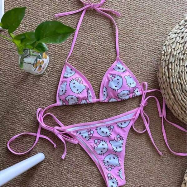 Cute Hello Kitty, Pink Bikini With Small Chest Gathered, Bikini Beach Vacation