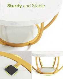 Round Coffee Table, 32" Circle Faux Marble Coffee Tables For Living Room, 2-Tier Golden Metal Legs Accent Center Table With Open Storage Modern Design Home Furniture (White And Gold),7955890 - White - View 8