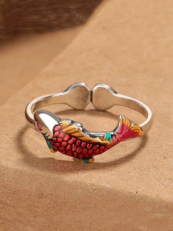 1 pezzo Anello di gioielleria vintage alla moda con motivo pesce carpa in cloisonné, regalo di gioielli per uso quotidiano