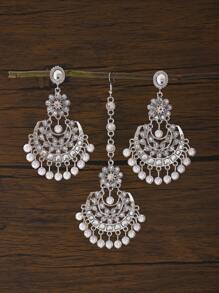 3PCS/Set Fashionable Rhinestone Inlay Forehead Chain,Luxurious Style Faux Pearl Pendant Earrings Jewelry Set Suitable For Women Daily Life, Banquets Wedding Wear