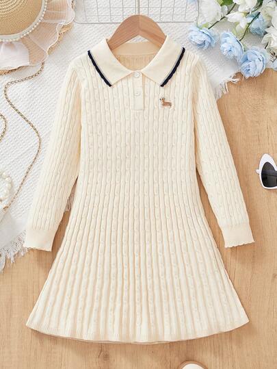 Vestido suéter bordado com estampa de cachorro Corgi para meninas, vestido curto de malha casual e elegante estilo britânico, manga comprida e gola, para bebês e meninas maiores, primavera, outono e inverno