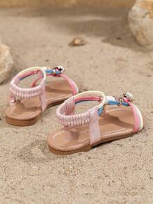 1 Đôi dép xăng đan phong cách Bohemian thời trang cho trẻ em, khóa dán, dép xăng đan đi biển thoải mái có hạt màu ngẫu nhiên - Hồng - Xem 4