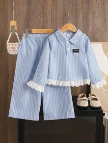 2pcs/Set Toddler Girls' Bowknot, Plaid Print, Lace Trim Collar, Fashionable Casual, School Style Cute Top And Pants Set