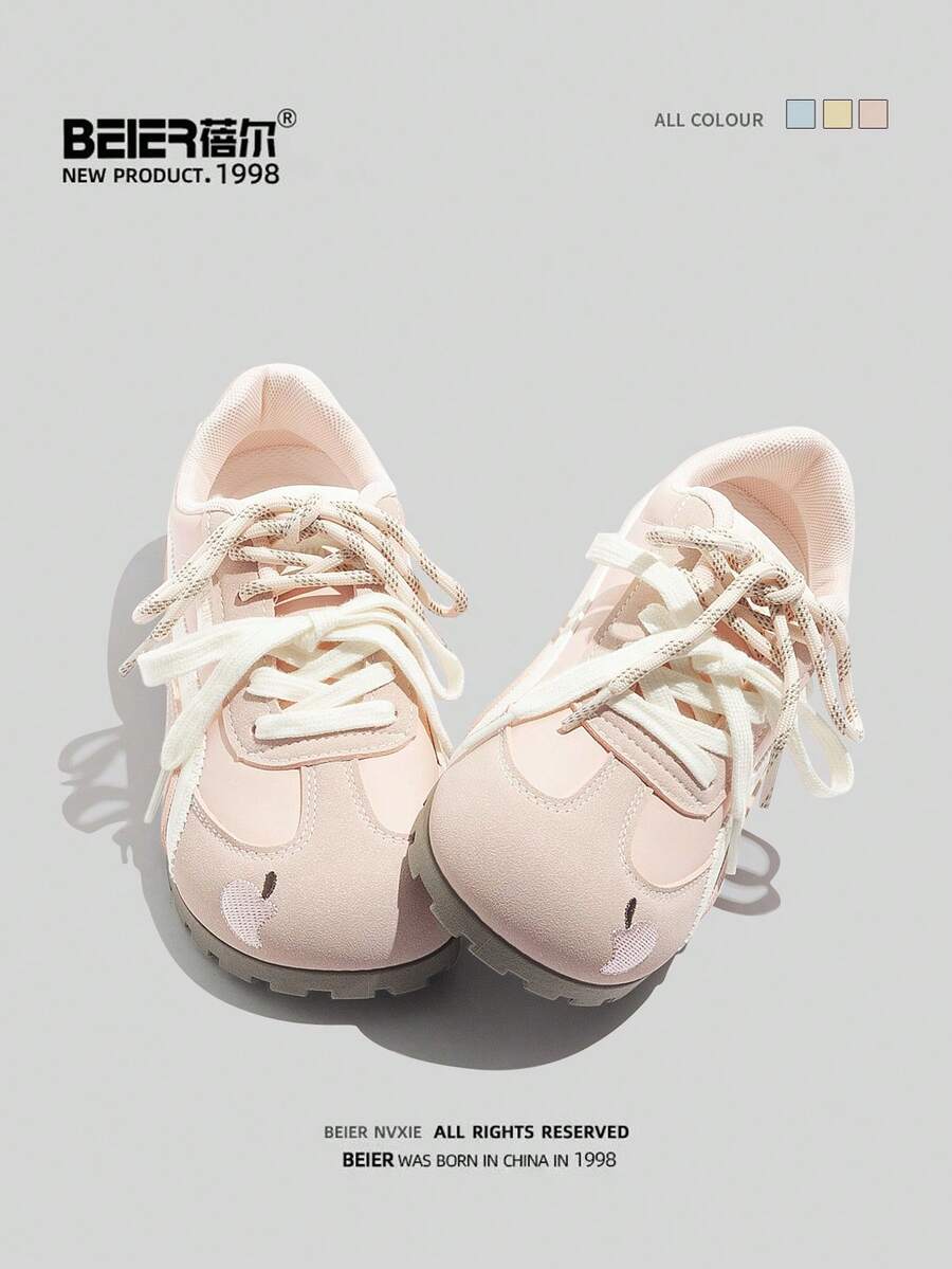 BEIER 1 Pair Women Casual Lace-Up Preppy Style Faux Leather Color Block Flat Shoes For Spring And Autumn,Sneakers For Women