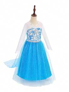 Set de 6 piezas para niñas: Vestido azul de manga larga con malla y flores, trenza de peluca, corona, varita mágica, guantes, conjunto de disfraz para fiesta de Navidad y carnaval - Azul - View 4