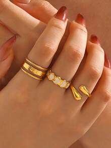 3pcs Set Stainless Steel Fashionable Geometric Heart-Shaped Open Ring, Suitable For Women's Daily Wear - Multicolor - View 3