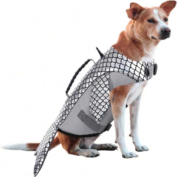 High Buoyancy Blue Whale Shaped Pet Life Jacket, Dog Swimwear With Reflective Scales, Dog Protector Life Vest With Rescue Handle, Suitable For Small, Medium And Large Dogs, Silver