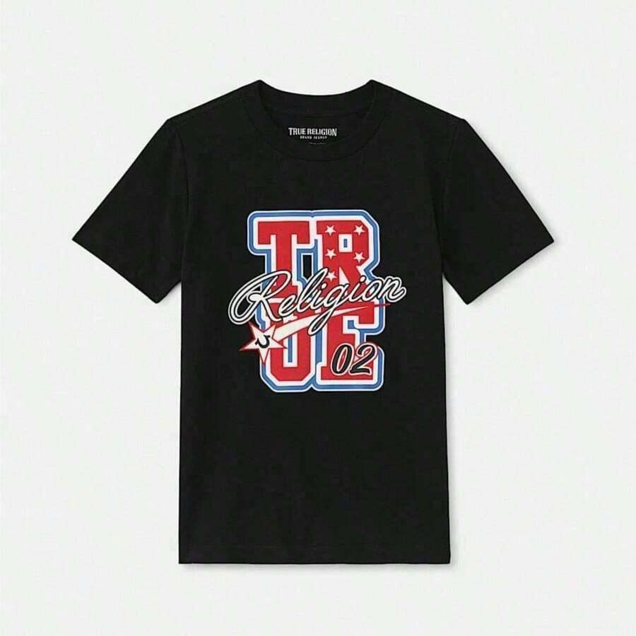 Trues Religions Summer T-Shirt Boys Supercool True Patch Tee Women's Men's Oversized Loose Top Hip Hop TRENDSSy Brand Men's Clothing- Women's 100% Cotton Vintage-Inspired Graphic Tee - Y2K Retro  Print-Bohemian - Black 11 - View 1