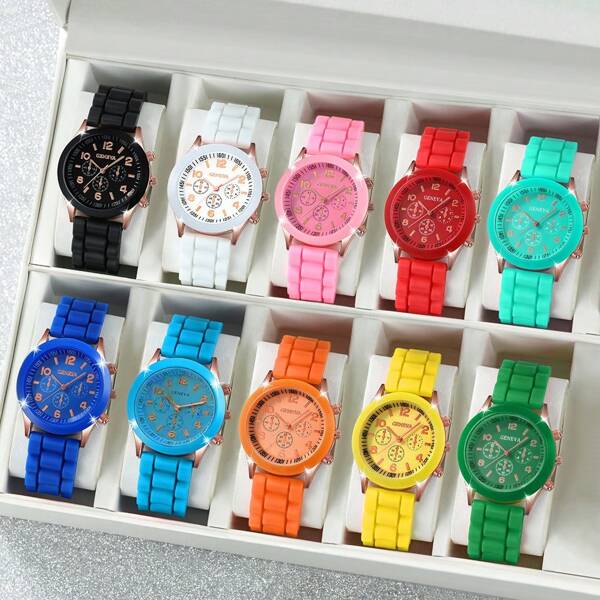 10pcs Watches Ladies Silicone Watches Fashion High Feeling Candy Color Numerical Scale Dial Temperament Simple Quartz Wristwatch Combo Set