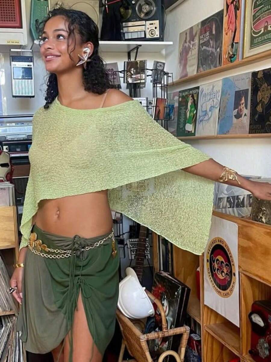 Women Knit Cover-Up, See-Through Solid Irregular Loose Pullover Summer Beach Tops - màu xanh lá - Xem 1