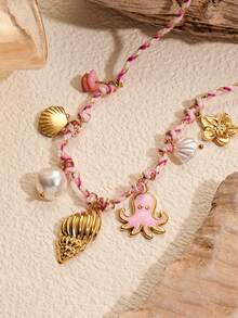 1 件海洋系列不锈钢吊坠项链，手工制作的 DIY 项链，带有贝壳、海星、鱼、章鱼、花吊坠，适合海滩度假穿着、节日礼物、生日礼物、海滩度假 - 彩色 - 查看 8