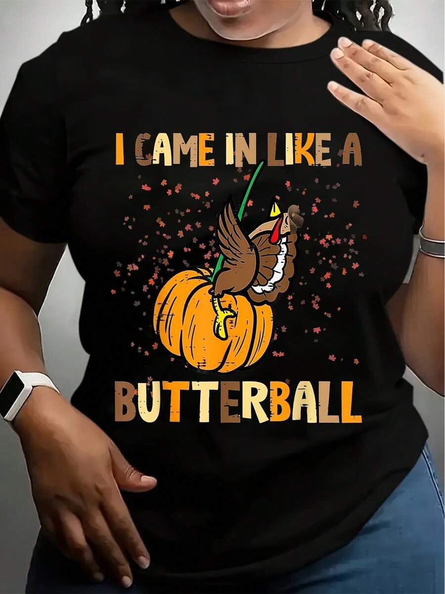 Women's Plus Size Thanksgiving Graphic T-Shirt - Happy Thanksgiving Print With Pumpkins, Casual Short Sleeve Round Neck Top, Machine Washable Spring/Summer Holiday Apparel, Thanksgiving T Shirts, Spring Summer Top, Relaxed Fit Tee, Pullover Style Shirt, Seasonal Apparel, Breathable Material, Festive Fashion