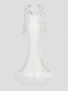 Faeriesty 优雅长袖鱼尾下摆蕾丝婚纱，新娘 - 白色 - 查看 9