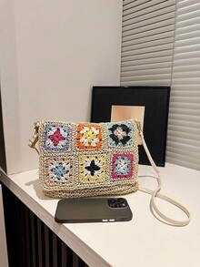 度假沙滩包，大容量通勤单肩包，小众设计休闲百搭简约时尚斜挎包，2025年新款流行女士手提包，编织纹理撞色设计，舒适面料，拉链开合，可调节可拆卸肩带，宽敞，时尚春夏手提包