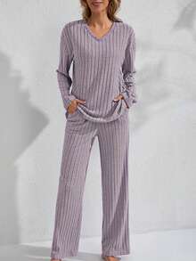 女士秋冬宽松罗纹 V 领长袖上衣和裤子睡衣套装，休闲家居服 - 淡紫色 - 查看 5