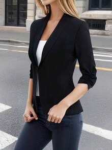 HOMEYEE 女式缺口领 3/4 袖前开式西装外套，休闲度假商务优雅办公室时尚外套，适合所有季节 - 黑色 - 查看 2