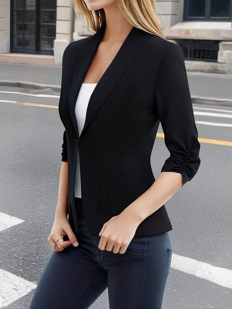 HOMEYEE 女式缺口领 3/4 袖前开式西装外套，休闲度假商务优雅办公室时尚外套，适合所有季节 - 黑色 - 查看 2