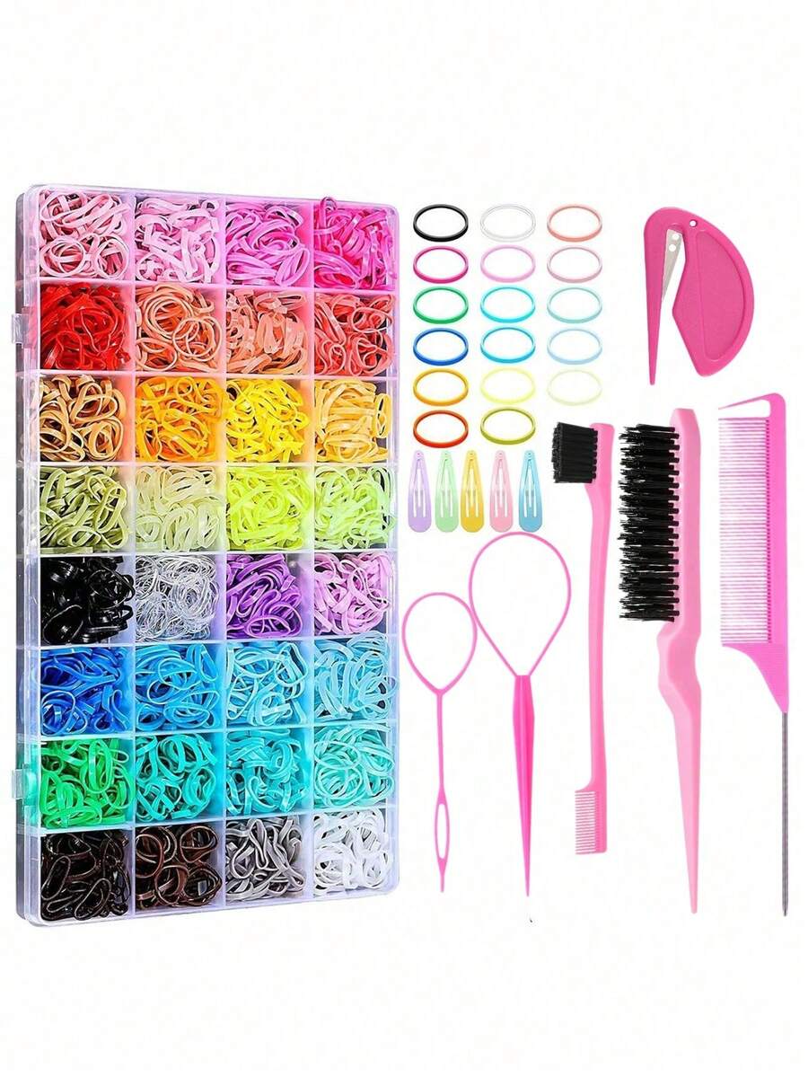 32 色小发圈，带 16 种发型工具，1800 件弹性女婴发带，迷你发圈，带发圈剪发器，发饰，适合女童、婴儿、幼儿儿童的圣诞节用品 - 彩色 - 查看 1