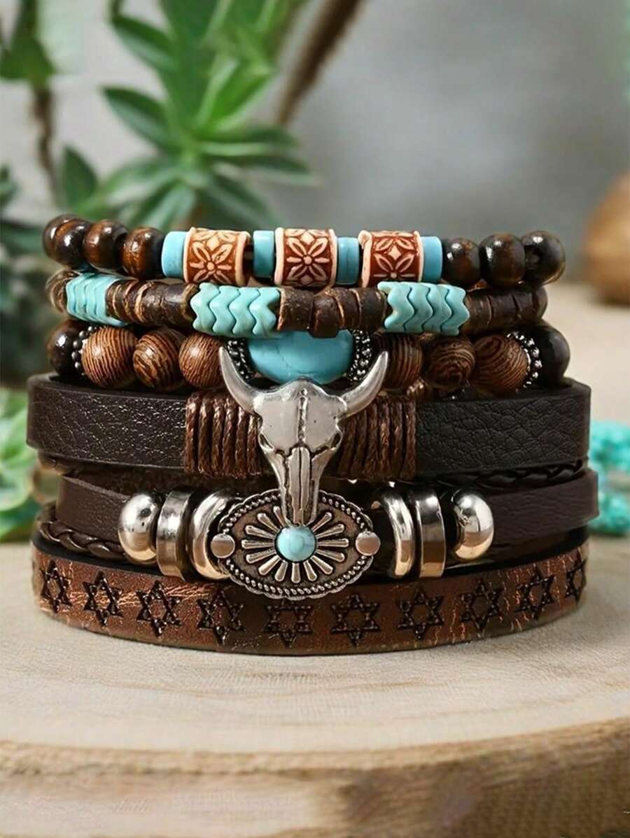 6pcs Brown Classic Bull Head Sunflower Multi-Layer Stackable Adjustable Unisex Bracelet Set Party Western Daily Wear Perfect Music Festival Friendship Gift Christmas Jewelry Matching Bracelets Thanksgiving Christmas Gifts,Western,Country,Western Jewelry