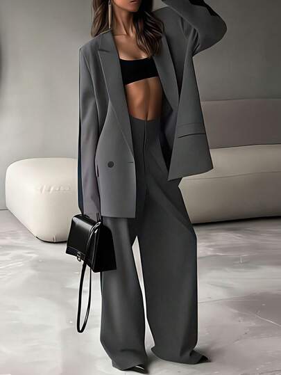 HOMEYEE 撞色拼布复古休闲优雅商务专业加大码西装裤和西装外套套装