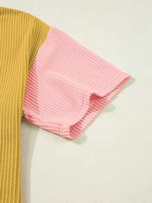 Women's Colorblock Textured Striped Crew Neck Casual Short Sleeve T-Shirt, Summer - Yellow - View 4