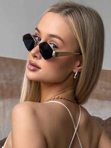 1 件装复古金属全框女士时尚眼镜夏季海滩度假配饰户外旅行休闲时尚眼镜几何形状墨镜 - 灰色 - 查看 3