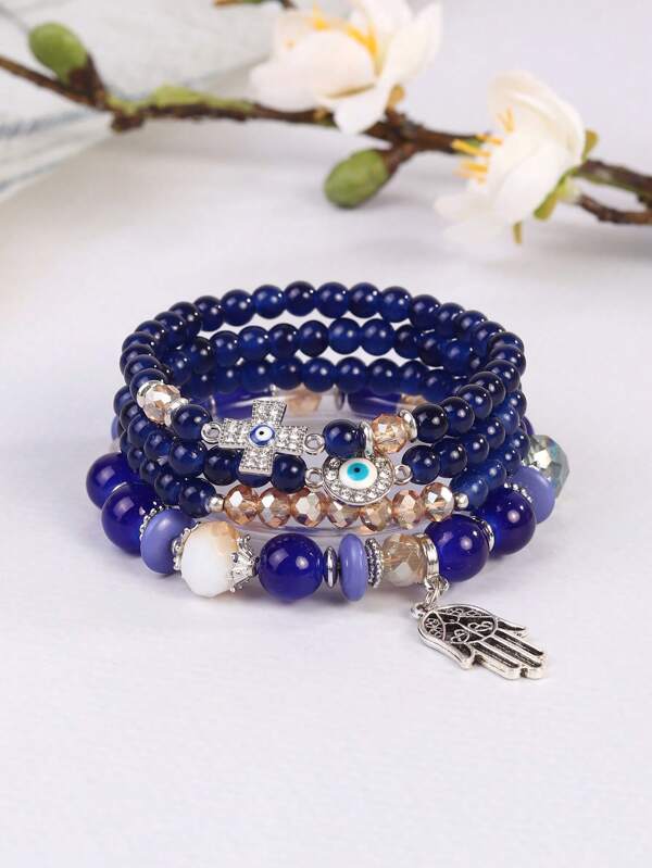 Set de 4 pulseras de estilo bohemio con cuentas, con dijes de ojo azul, cruz y mano de Fátima, para uso diario de la mujer, regalo para mejor amiga, joyería fina