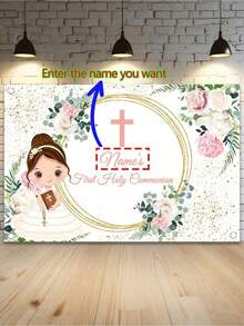1 szt. personalizowane tło do Pierwszej Komunii Świętej, tło do chrztu z napisem "Bóg zapłać", baner urodzinowy z kwiatowym złotym brokatem, chrzest, odpowiednie na imprezę, rekwizyty do fotobudki i uroczystości, wystrój domu