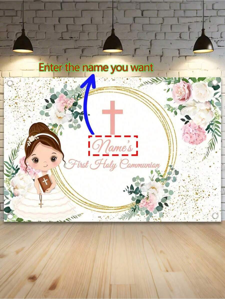 1 szt. personalizowane tło do Pierwszej Komunii Świętej, tło do chrztu z napisem "Bóg zapłać", baner urodzinowy z kwiatowym złotym brokatem, chrzest, odpowiednie na imprezę, rekwizyty do fotobudki i uroczystości, wystrój domu