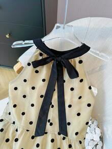 French Style Sleeveless Tie-Up Polka Dot Dress, Loose Fitting For Petites, Summer