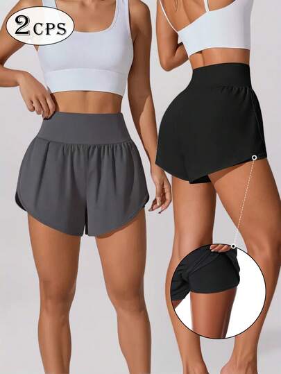 2条装女士高腰弹力运动短裤，夏季跑步网球紧身短裤，带内衬，防走光，弹力宽腰带，纯色