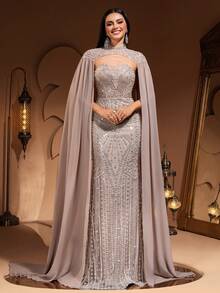 New Luxury High-End Elegant Women's Mermaid Tail Lace Patchwork Chiffon Flare Sleeve Floor Length Dress, Suitable For Formal Evening Party, Gala, Wedding Guest, Red Carpet Events, Bridal Gown, For Valentine's Day - 杏色 - 查看 5