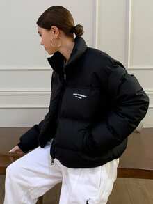 Livesso Women Short Padded Coat With Letter Print, Winter Women Clothes, Padded Coat Women Jacket