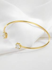 Charm-In 1pc 18K Gold Plated Copper Bangle With Double-Headed Round Cubic Zirconia, Minimalist Design - Gold Model 3 - View 2