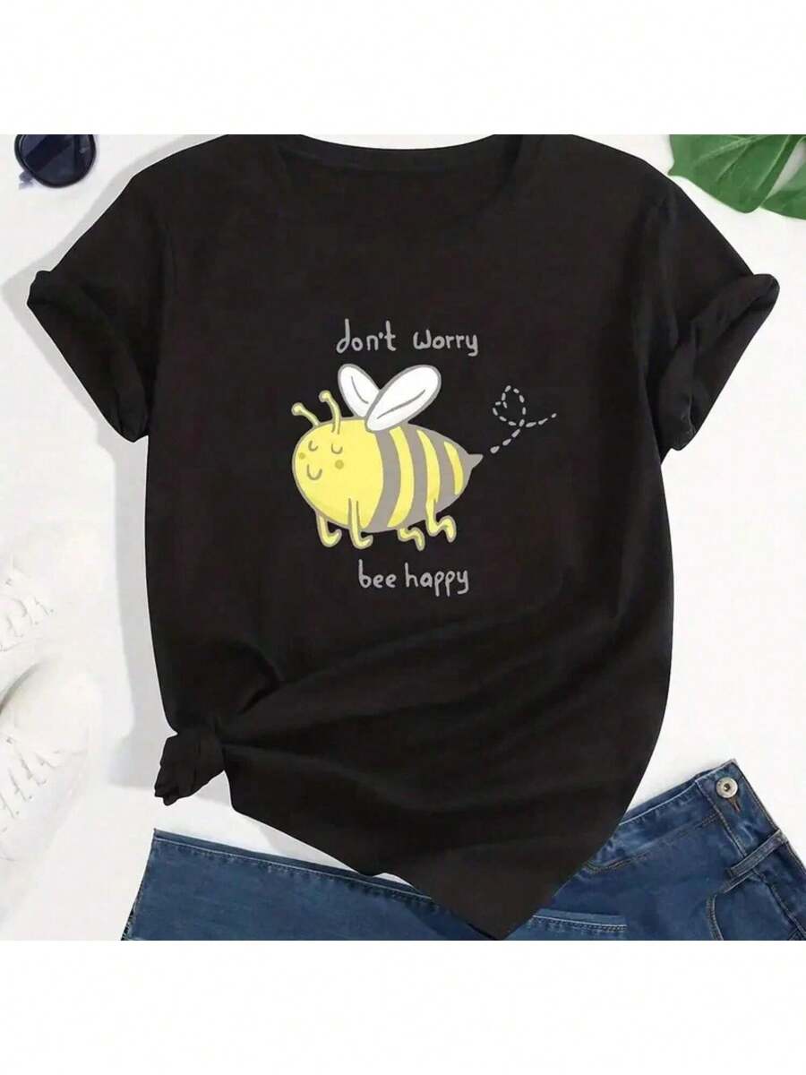 Cartoon Bee Print Crew Neck T-Shirt, Casual Short Sleeve T-Shirt For Spring & Summer, Women's Clothing1 - 黑色28 - 查看 1