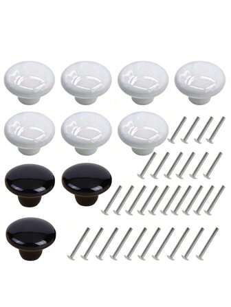 4 piezas/10 piezas Tamaño pequeño, 2 piezas/5 piezas Perillas de gabinete con forma de hongo de tamaño grande, adecuadas para armario, gabinete, cajón, asa de puerta, tocador, hechas de material de resina ABS, tiras redondas de acebo único blancas y negras, tornillos incluidos