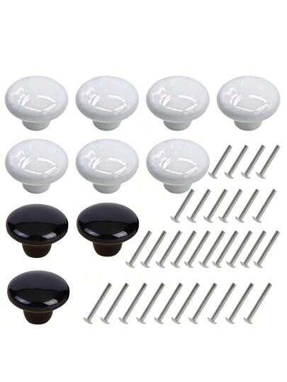 4 قطع/10 قطع من المقابض الصغيرة، 2 قطعة/5 قطع كبيرة الحجم على شكل فطر، مناسبة للارتداء في الخزانة والدرج والباب والخزانة، مصنوعة من مادة الراتنج ABS، سحب دائرية أحادية اللون باللونين الأبيض والأسود، متضمنة في البراغي