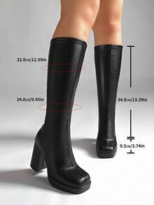 女士修身短靴，非过膝高跟，秋冬季，高筒，粗跟，弹力紧身靴，派对靴 - 黑色 - 查看 8