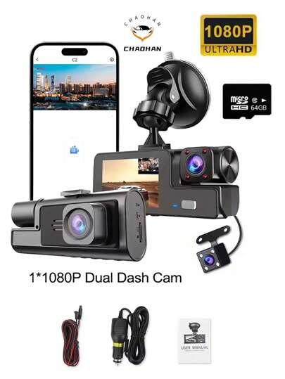 Dash Cam, 3-kanals dashcam, 1080P dashcam fram och inuti, trippel dashcam, dashkamera med 64 GB-kort, HDR, G-sensor, 24 timmars parkering, fram och bak, dashcam loopinspelning 150 mAh
