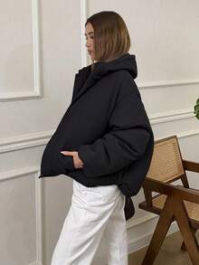 Livesso Zip Up Drawstring Hem Crop Padded Thick Pockets Coat, Women Winter Coat Jacket - Black - View 3