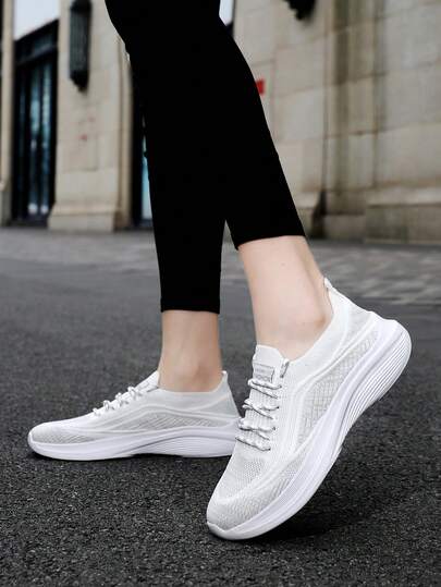 Women's Lightweight Comfortable Round Toe Lace-Up Athletic Sneakers, Breathable Soft Outsole Preppy School/Office Minimalist Style, Versatile For Casual, Running All Seasons
