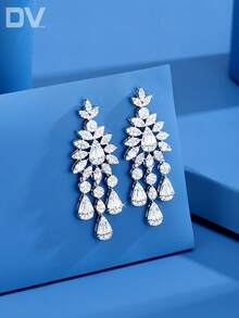 DV JEWELRY 1 对镀铂金方晶锆石奢华吊坠耳环，优雅的女士珠宝礼物，适合约会、婚礼、派对、周年纪念，附赠礼盒 - 銀色 - 查看 1