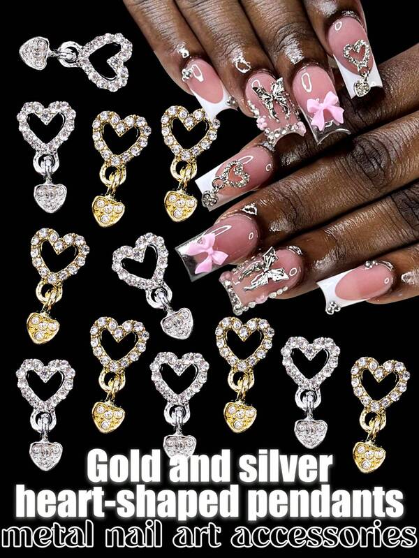 12 pièces de pendentifs pour nail art en métal, strass en or et argent en forme de cœur, nail art 3D, décoration en alliage en forme de cœur, accessoires de décoration DIY, charms pour ongles, pierres précieuses pour ongles, produits pour ongles
