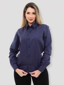 Women's Formal Shirt Premium Linen Structured Long Sleeve Shirt - Navy Blue - View 4
