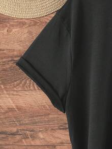 Women's Oversized Casual Pattern-Shirt - Overstimulation Print Short Sleeve Summer Top, Black With White Letters, Breathable Round Neck-Shirt, Comfortable Loose Fit, Washable Shirt (0XL-5XL) - màu đen - Xem 8