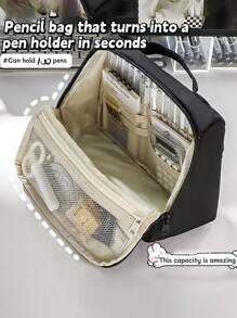 1 pezzo Borsa unisex per cartoleria e trucchi, con manico superiore, multi-strato, in colore unito con decoro in inglese, adatto per scuola e ufficio, essenziale per il ritorno a scuola, regalo decorativo per Ringraziamento, Natale e Ognissanti, astuccio portapenne, astuccio per zaino