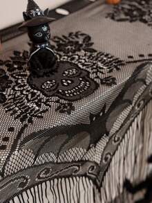 1pc Black Skeleton Lace Hanging Screen Curtain, Holiday Decor - Black - View 11