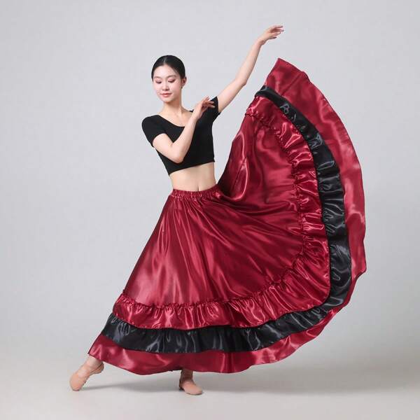 1PC Color Block Full Circle Maxi Skirt Women Belly Dance Flowy Boho Long Skirt Satin Lightweight Summer Beach Party Dress Elegant A-Line Swing Skirt